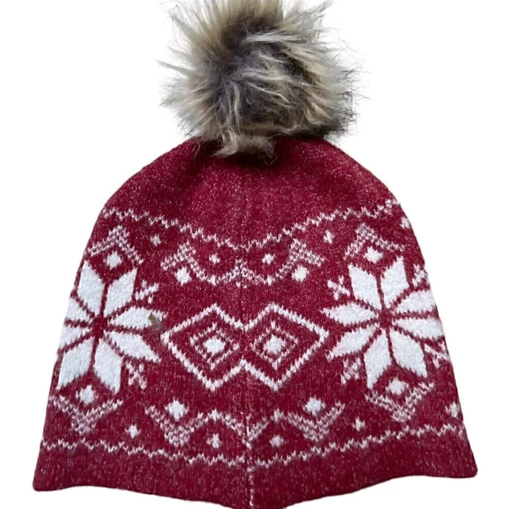Christian Siriano Pom Beanie Nordic Snow Winter Hat Red Women’s OS Faux Fur XMAS